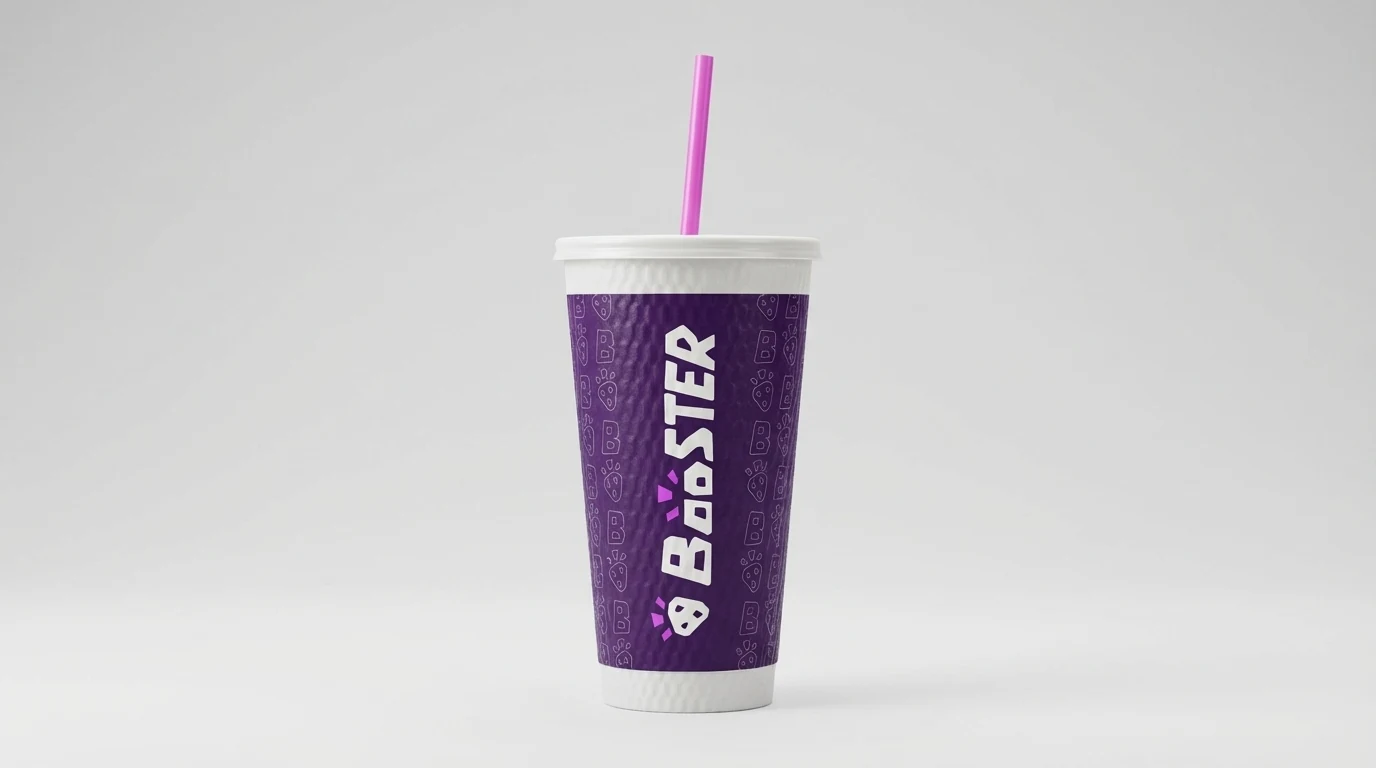 Concept visualization of a purple Booster cup with white wordmark and neon straw