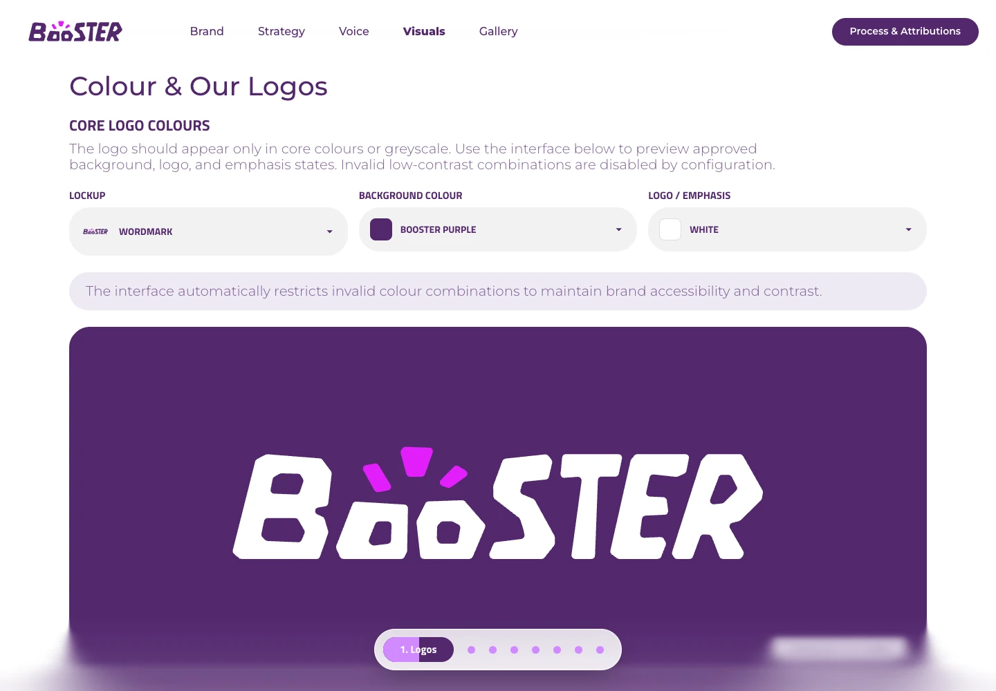 Screenshot of the live Booster brand guide showing its interactive logo colour controls and preview