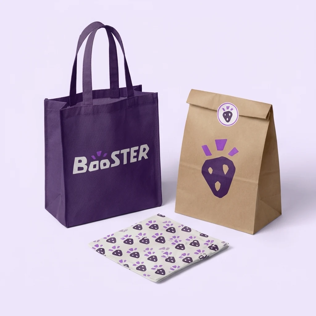 Booster identity applied to a purple tote, kraft takeaway bag, and patterned wrapper