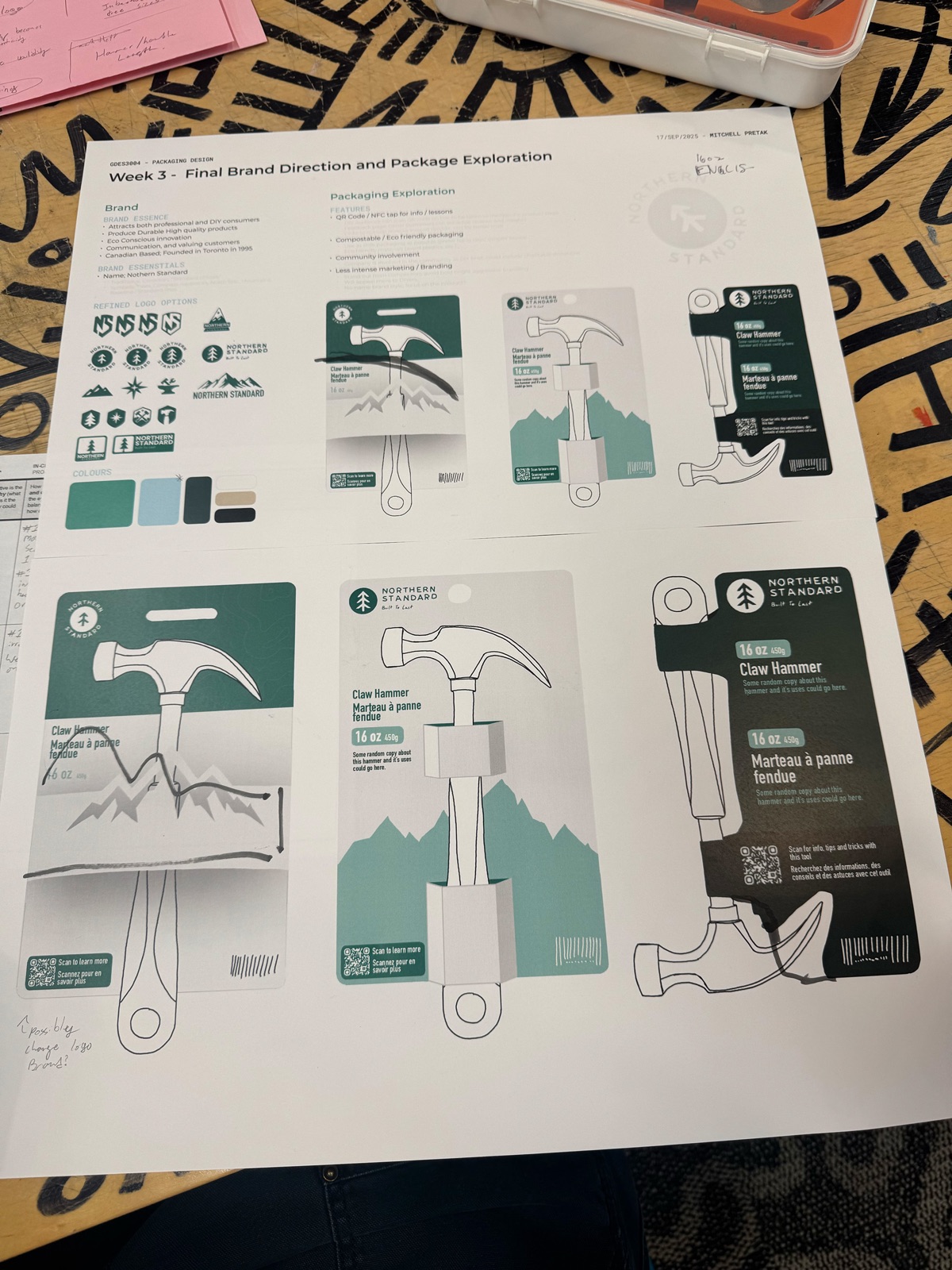 Photographed development sheet showing six early Northern Standard packaging directions, brand marks, and palette swatches