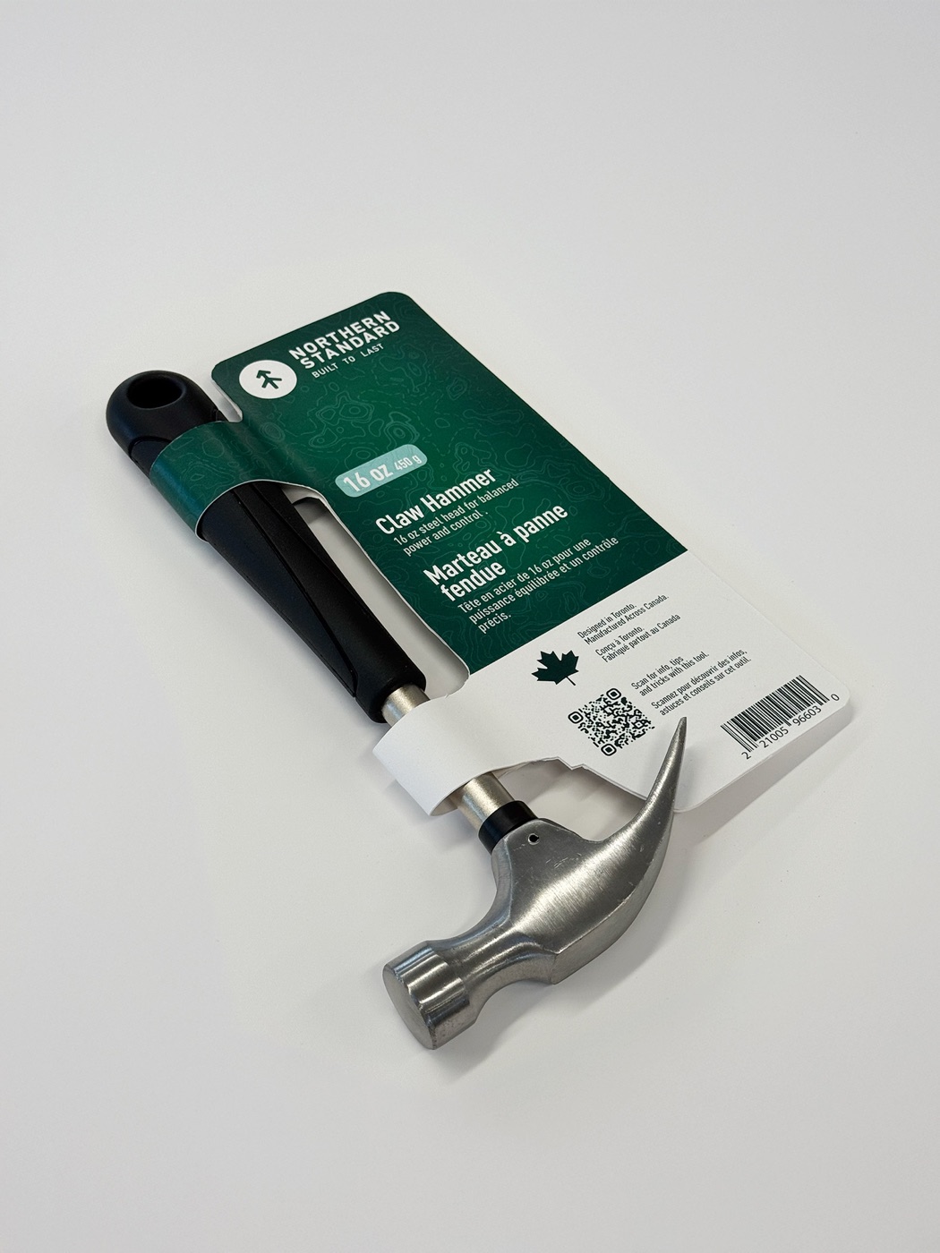 Angled photograph of the finished Northern Standard claw hammer and contoured card prototype